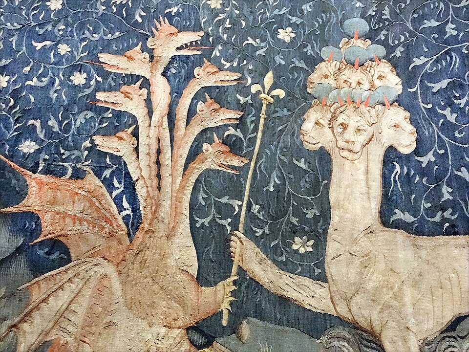 Image of artwork The Beast (Revelation) Satan (the dragon; on the left) gives to the beast of the sea (on the right) power represented by a sceptre in a detail of panel III.40 of the medieval French Apocalypse Tapestry, produced between 1377 and 1382.
