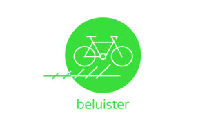 Logo of "Beluister", a bright green circle with a white silhoutte of a bike on railroadtracks in the middle